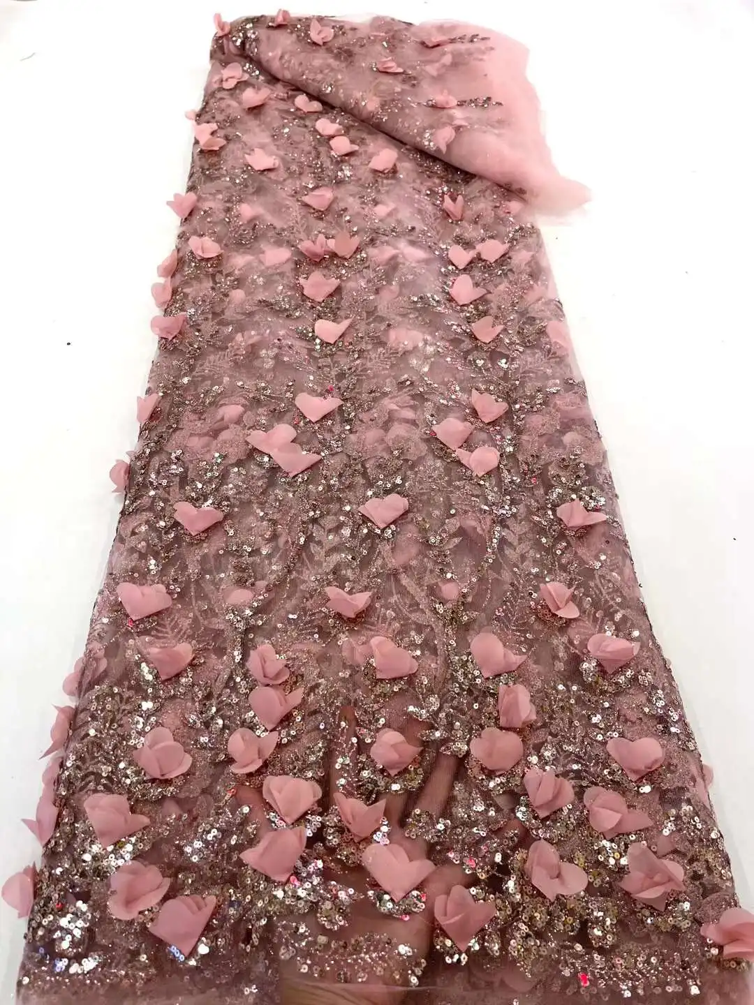 

French Glue Sequins Lace Fabric High Quality Mesh Embroidery Applique 3D Flower Tulle Nigerian Lace Fabrics For Bridal