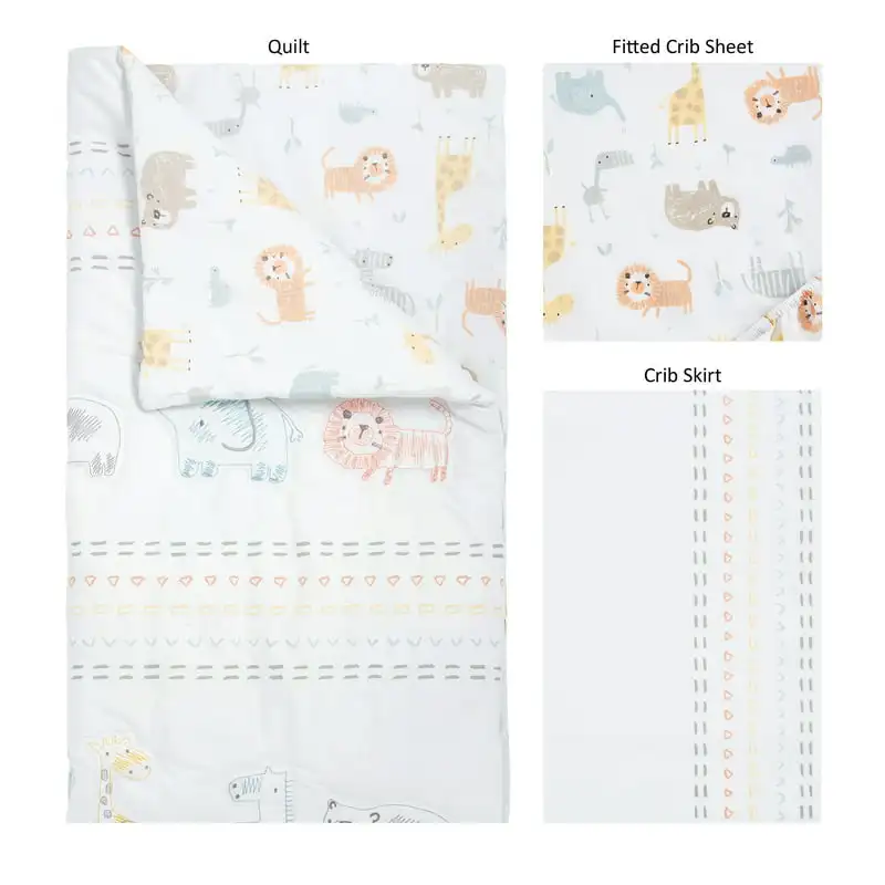 

Crayon Jungle 3 Piece Crib Bedding Set. Jungle Animal Pattern In Gray, Orange, Yellow And Blue.