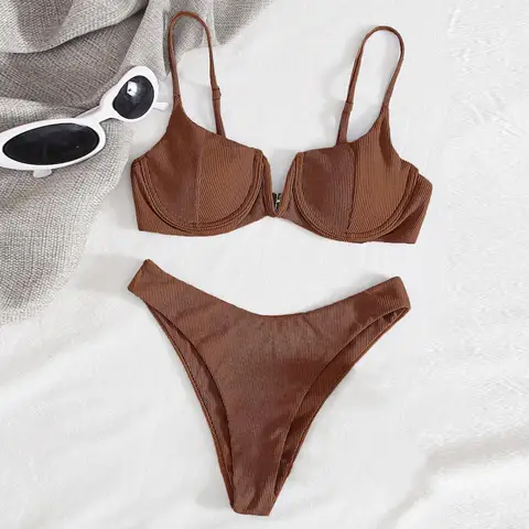 2Pcs/Set Women Bikini Set Padded Whorl Textre Solid Color V Neck Backless Women Bathing Suit Water Sports Clothes