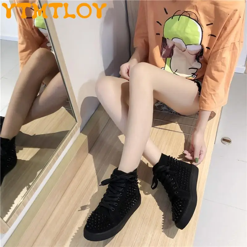 

Couple Style High Top Women's Shoes Net Red Same Style High Top Rhinestone Red Bottom New Student Flat Men's Shoes Couple Rivet