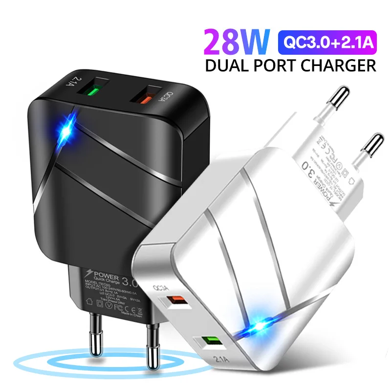 

Quick Charging3.0 28W LED Light Dual USB Charger Adapter For iPhone Samsung Xiaomi Huawei Wall Charge Plug