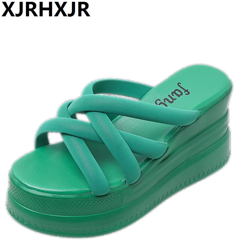 

2022 Summer Wedges Heel Sandals Women Thick Platform Slip on Slippers Woman Chunky Bottom Open Toe Beach Flip Flops 9CM