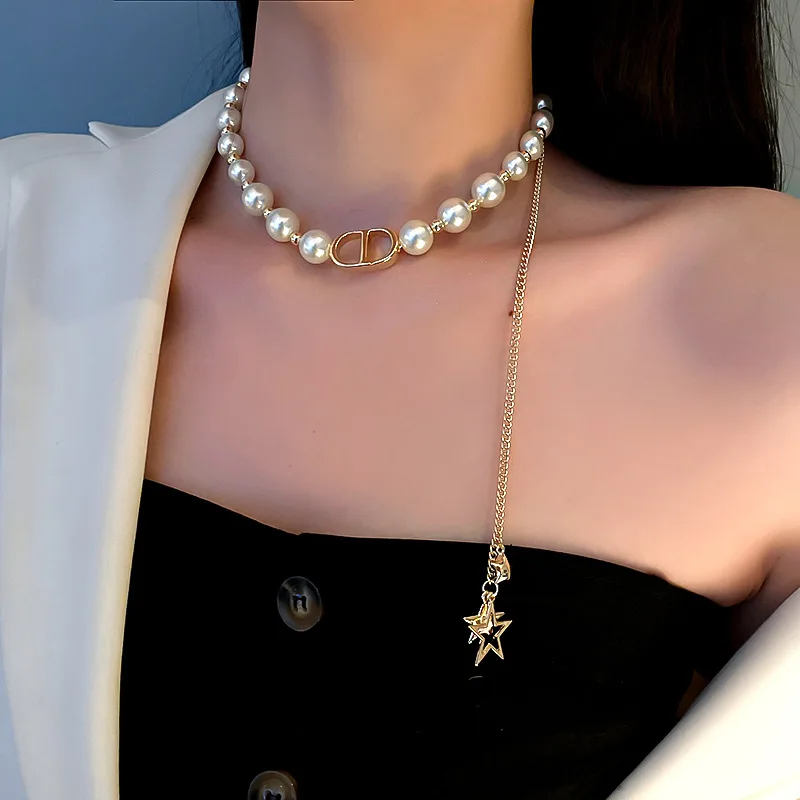 

European American Fashion Star Pendant Letters D Necklace Women Simple Gold Chain Pearl Necklace Party Wedding Luxury Jewelry