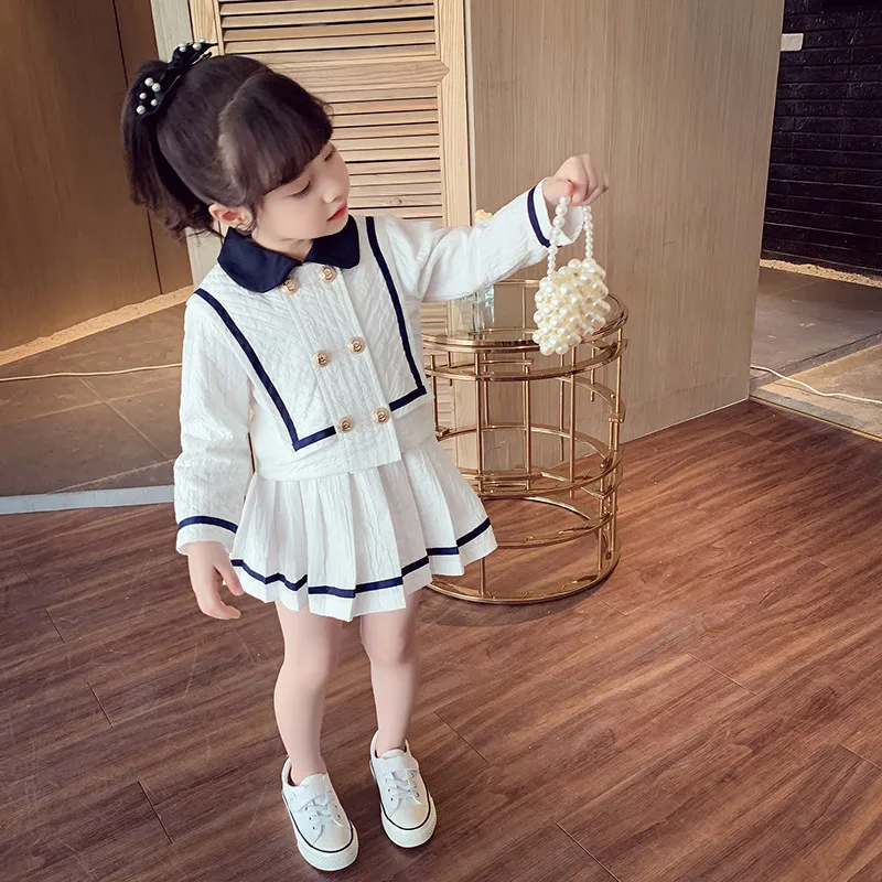 

90Cm -130Cm 2023 Spring Summer Girl Student Suits Casual Clothing Autumn School Style Pure White Shirt + Skirt 2pcs