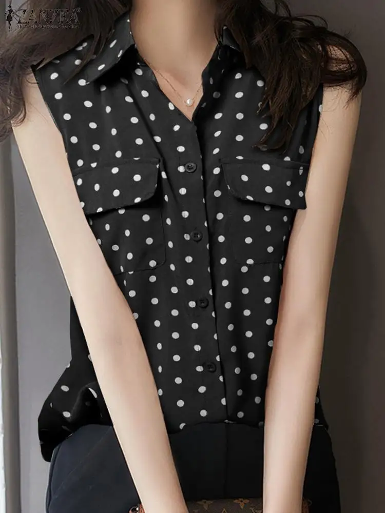 

ZANZEA Casual OL Button Up Rounded Hem Blouses Women Sleeveless Shirts Korean Fashion Polka Dots Lapel Collar Pockets Chemise