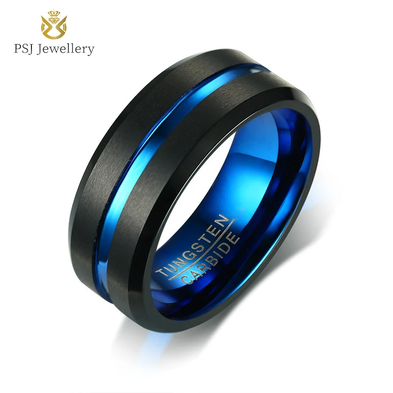 

PSJ Fashion Stylish 8MM Men's Wedding Band Black Plated Brushed Blue Grooved Tungsten Rings for Men's Jewelry Valentine's Day