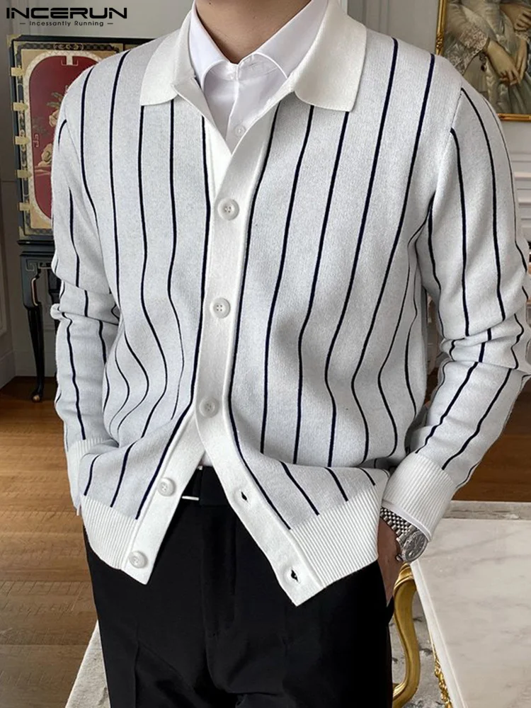 Casual Simple Style Tops INCERUN Men's Stylish Well Fitting Large Striped Blouse Fashion Long-sleeved Lapel Buttons Shirts S-5XL
