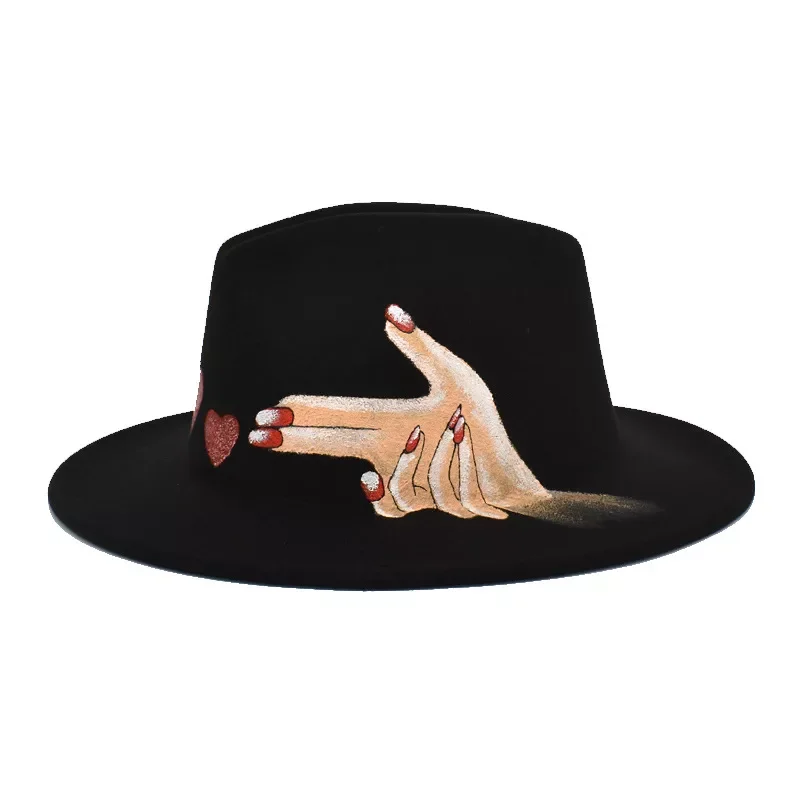 

new hand-painted pattern Fedora hat wide brim hat Panama felt hat shallow top fedora hat men and women hats men панама