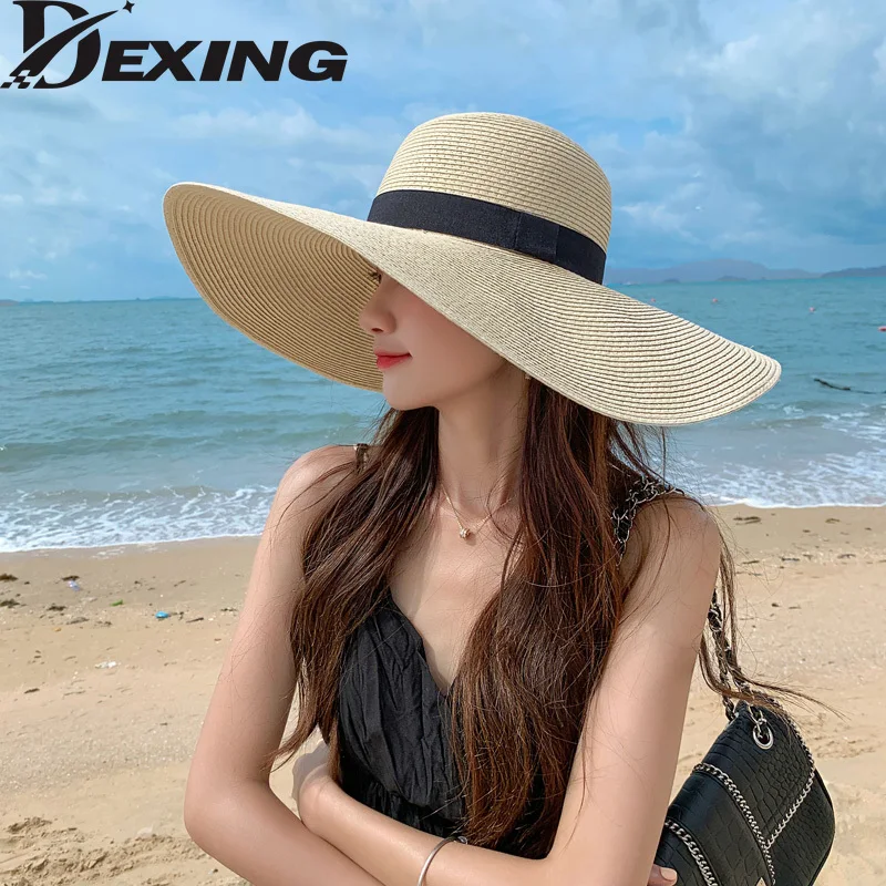 

Summer Foldable big brim Straw Hat Women Wide Brim Beach Hat Simple Travel Sun Hat Sunscreen UV Panama Sun Cap UPF 50+