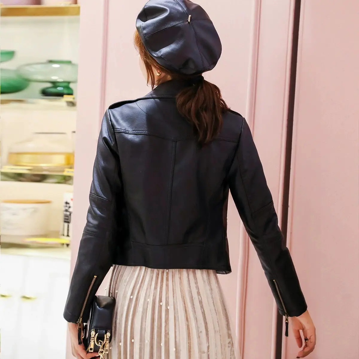 women's short leather jacket fashion PU Motorcycle suit women's slim-fit leather jacket Korean version of women's zipper jacket