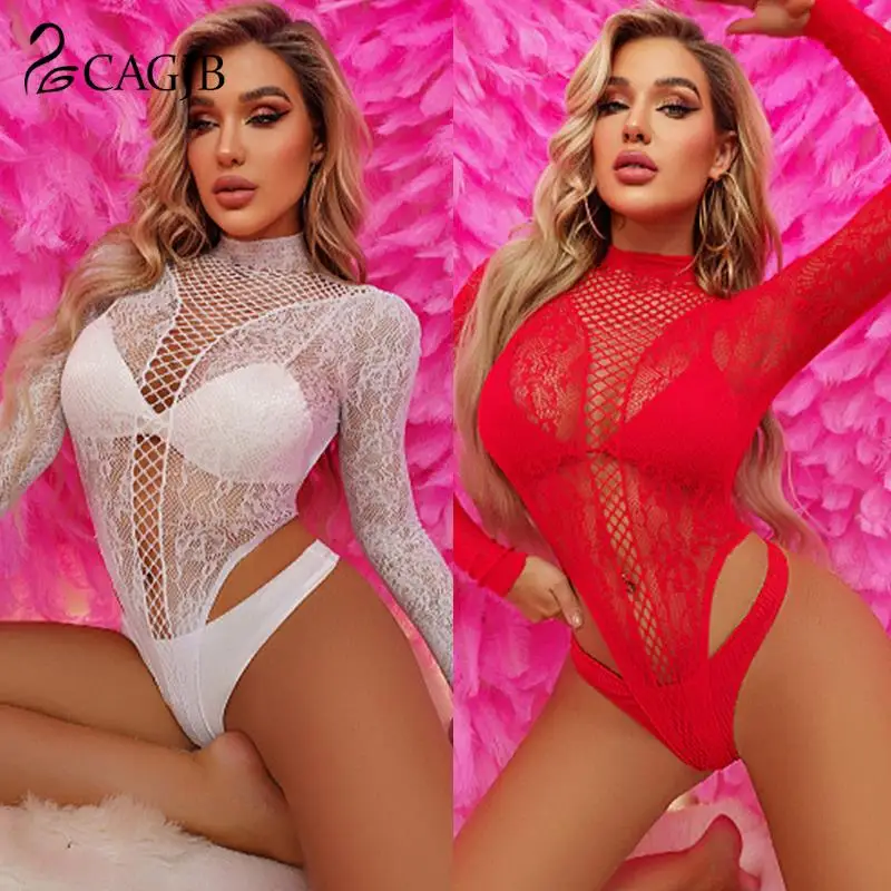 

1Pcs Sexy Bodysuit Perspective Mesh Hollow Out Long Sleeves Bodysuit Transparent Nightwear