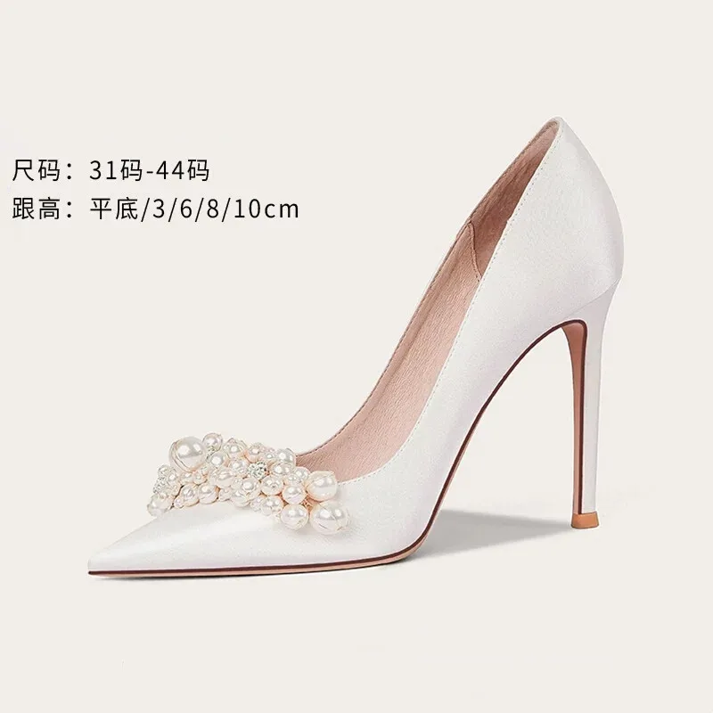 

Spring and summer new pointy head silk face pearl flat wedding shoes thin high heel banquet dress large small women single shoes