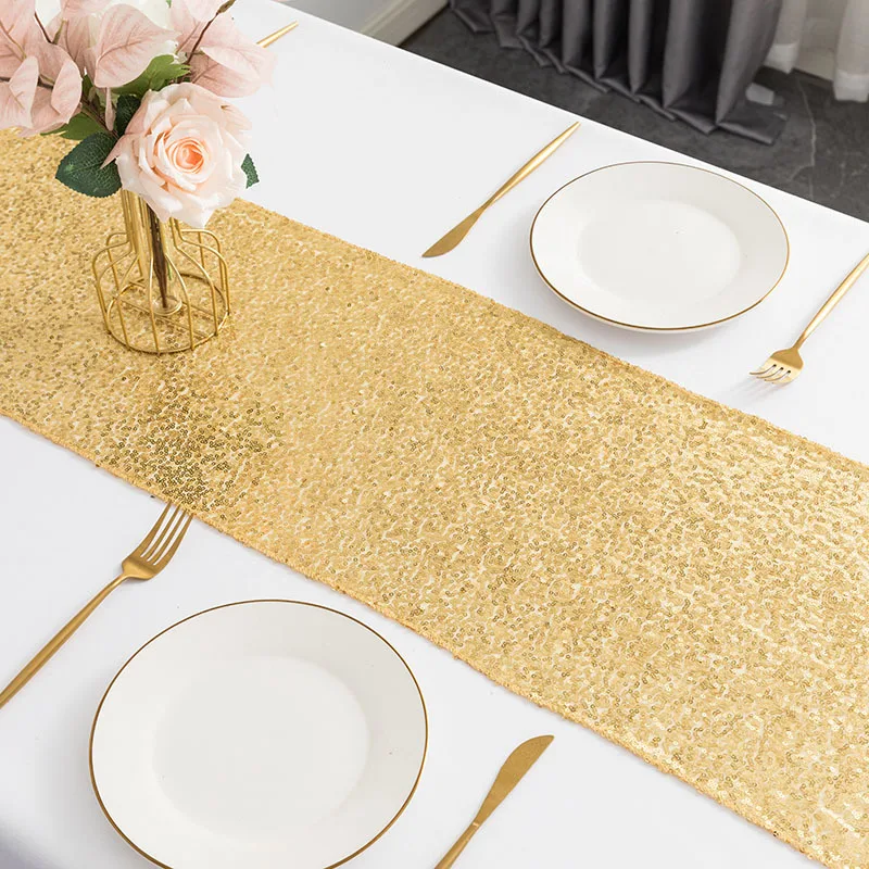Sequined Polyester Tablecloth Rose Gold Sequined Tablecloth Wedding Banquet Decoration Furniture Protection Cloth 30x180cm images - 6