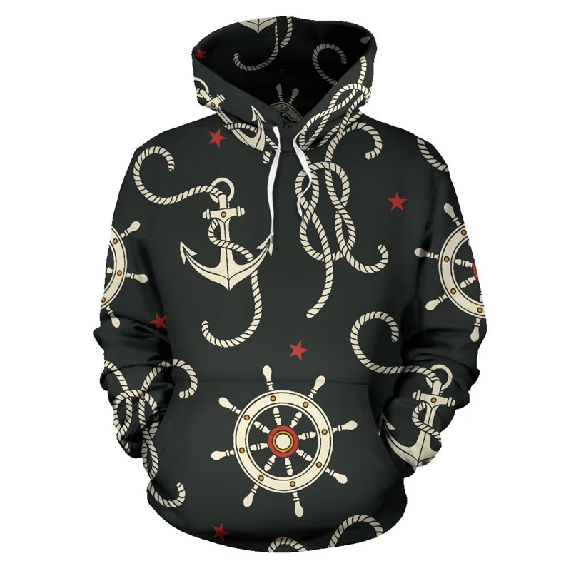 Surfing Skateboard Print Hoodie Men's Clothing Vintage Anchor Pattern Pullover Sweatshirt Sports Casual Street Oversized Hoodies