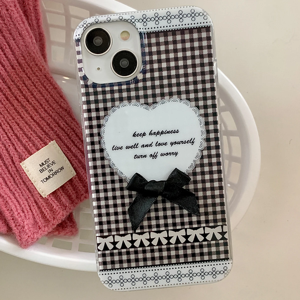Блестящий двухсторонний IMD чехол с милым бантом в клетку для iPhone 15 13 14 12 Pro Max