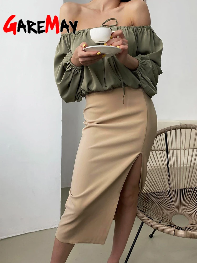 Повседневная Осенняя юбка средней длины с разрезом белая элегантная женская