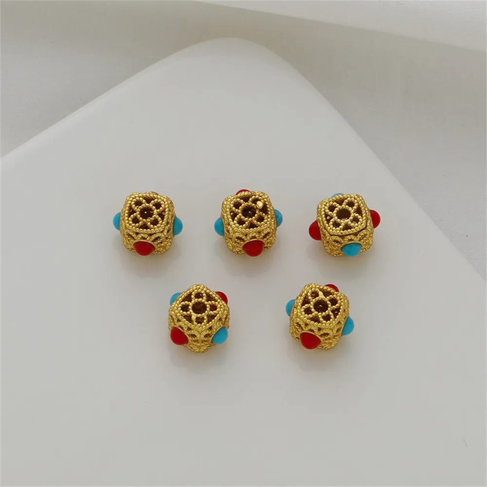 

Matte gold wrapped red green stone inlaid hollow square bead 8mm string diy handmade jewelry bracelet necklace jewelry with bead