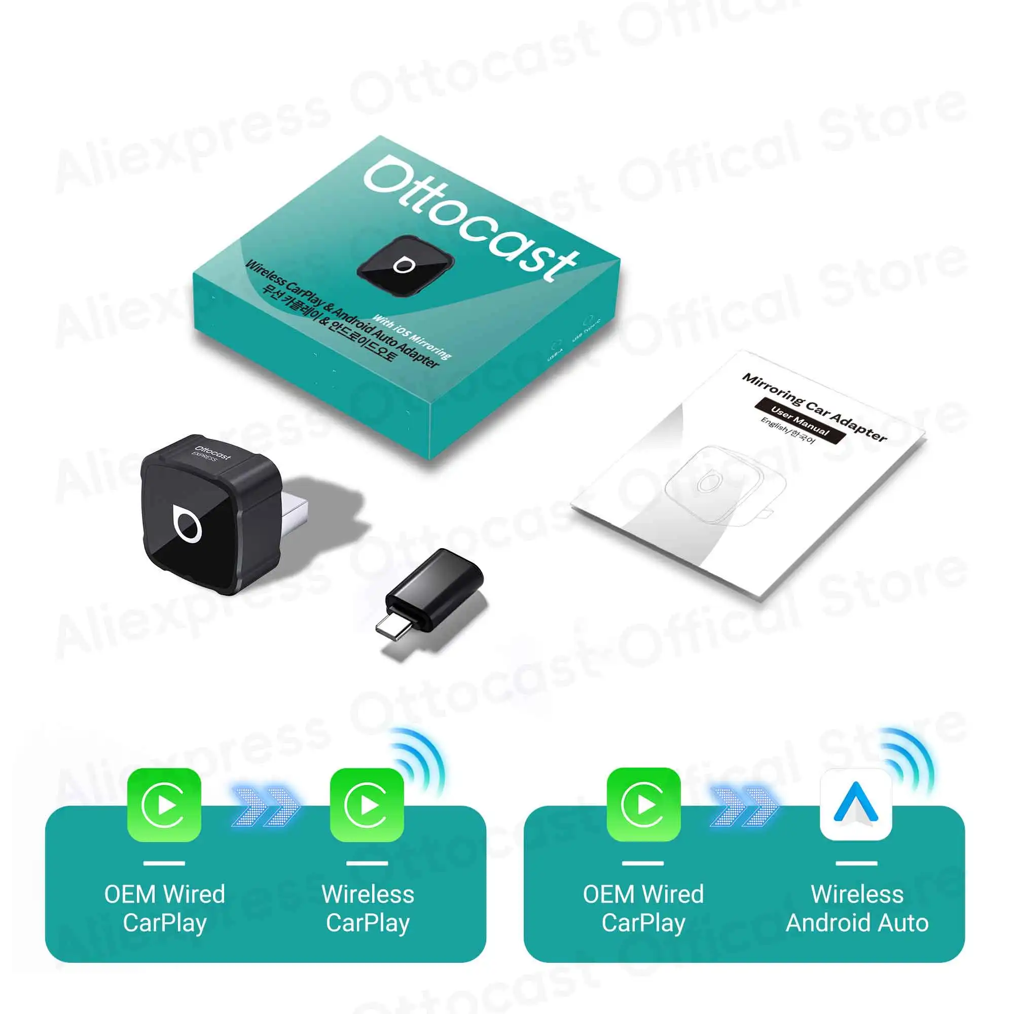 

OTTOCAST Express MINI AIR 3-в-1: беспроводной адаптер Cube 4.0 для CarPlay и Android Auto, дублирование экрана iOS, автомобильные аксессуары 2026