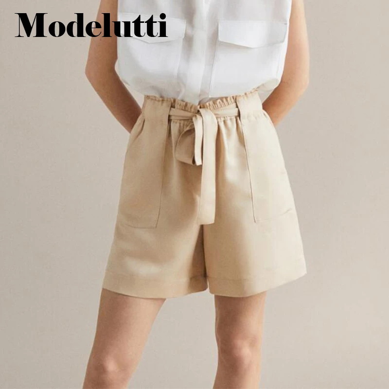 Modelutti-pantalones cortos de pierna ancha para mujer, Shorts femeninos de cintura elástica, con cinturón holgado, de Color sólido, estilo Casual Simple, 2022