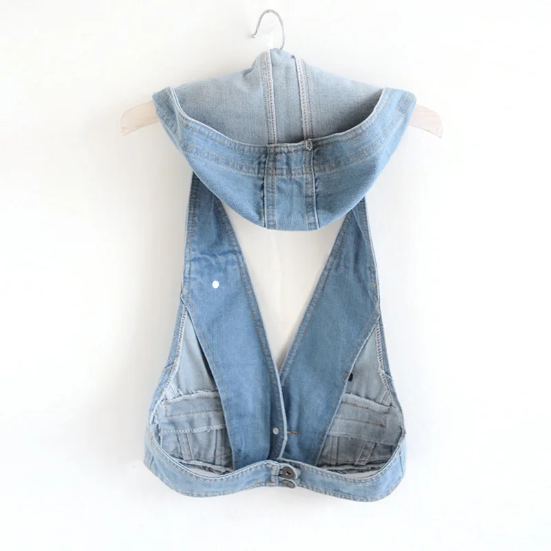 

Korean Summer Fashion Hooded Sling Denim Vest Women Blue Waistcoat Casual Sleeveless Jacket Slim Short Jeans Vests Female 3XL
