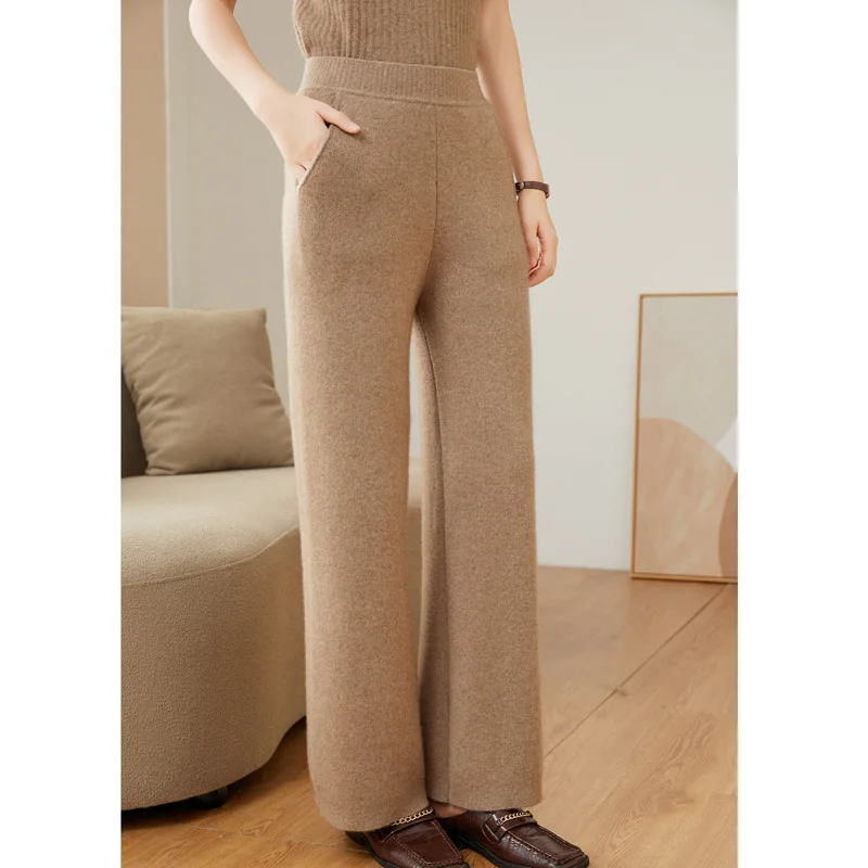 2023 New Autumn Winter Women 100% Cashmere Pants Soft Comfortable High-Waist Knitted Female Cashmere Thicken Wide Leg Pants