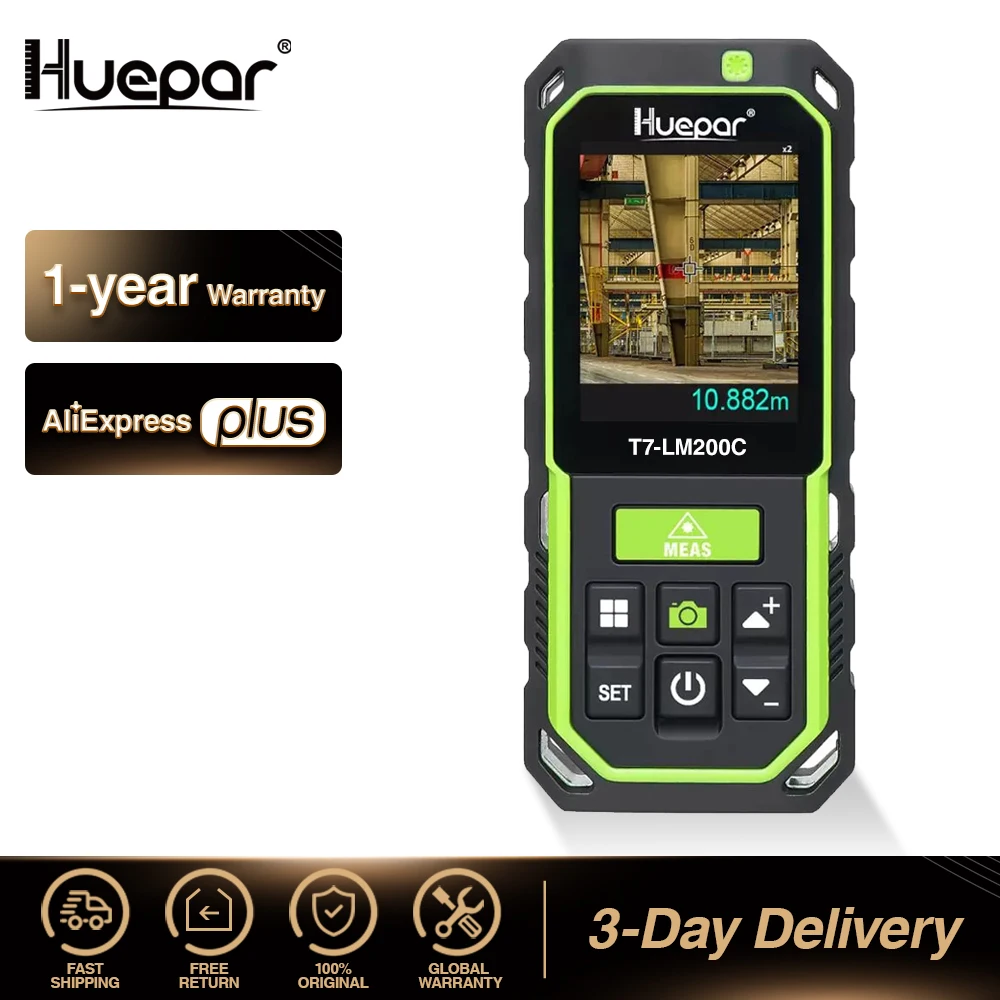 Huepar-Medidor de distancia láser con cámara, dispositivo con Zoom 2X/4X, de alta precisión, recargable, medidas M/In/Ft con 17 modos-LM200C