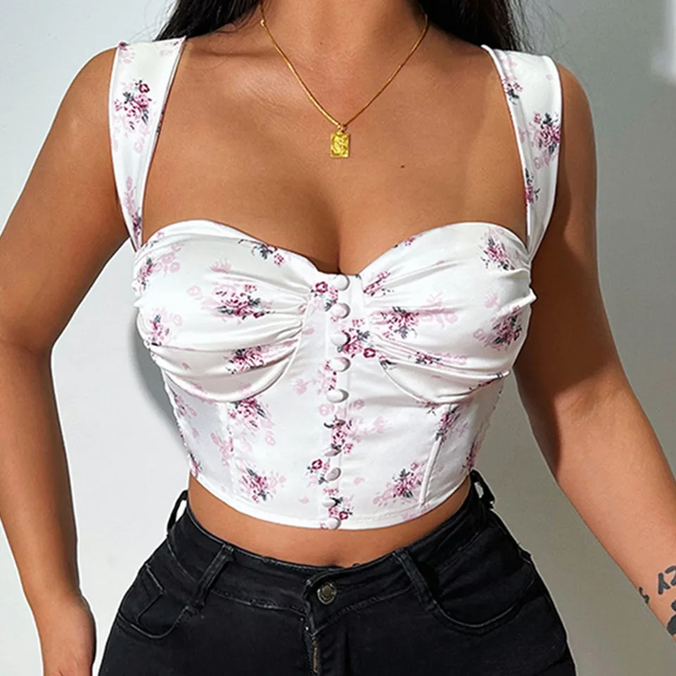 

New Summer Floral Strap Tops Women Square Neck Bow Ruffles Short Camisole Fashion Korean Flower Ladies Elastic Waist Top