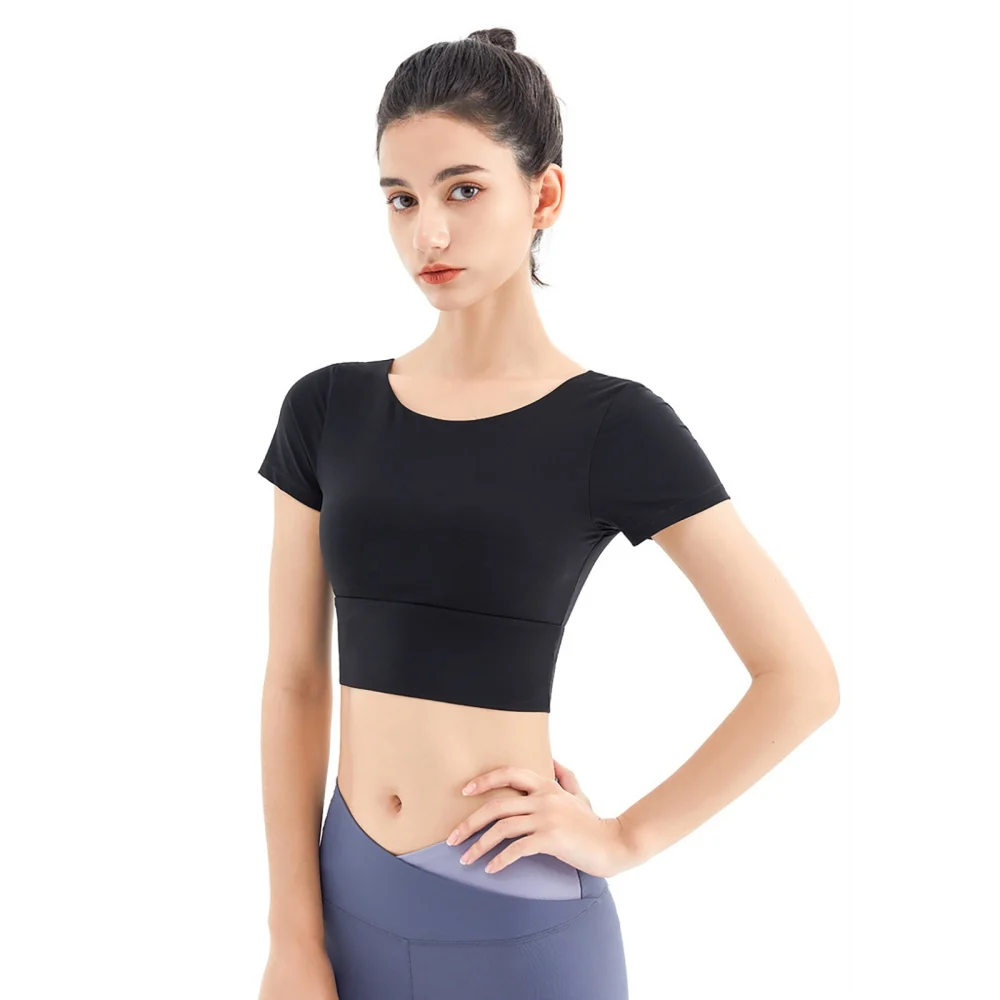 

Women Yoga Corp Tops Short Sleeve Running Shirts Sexy Exposed Navel T-Shirts Quick Dry Beauty Back Tops Lady Fitness Sports Wear