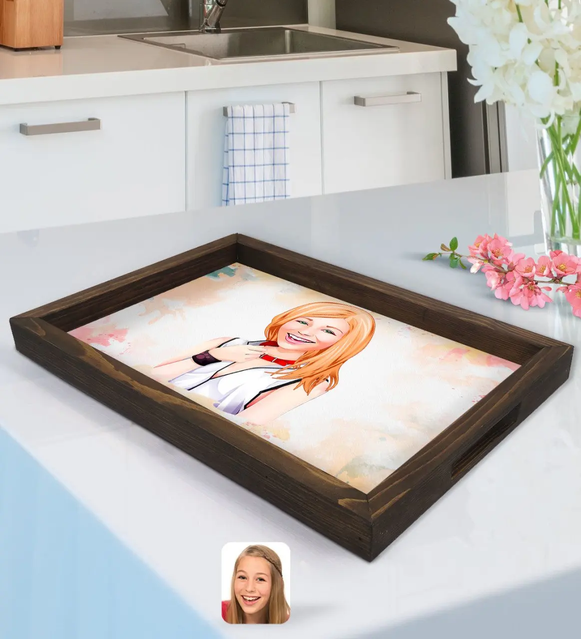 

Personalized Women 'S Caricature Of Natural Wood Tepsi-35