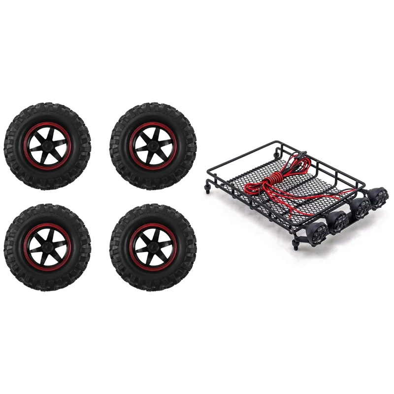 

2 Set RC Car Part: 1 Set 1.9 Inch 96Mm Tires With Wheel Rim & 1 Pcs Luggage Carrier Tray Roof Rack With LED Light
