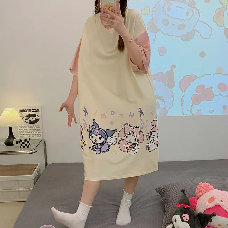 

Sanrio Cinnamoroll Kuromi Melody Kirby Doraemon Pajamas Kawaii Cartoon Comfortable Breathable Short Sleeve Mid Length Nightdress