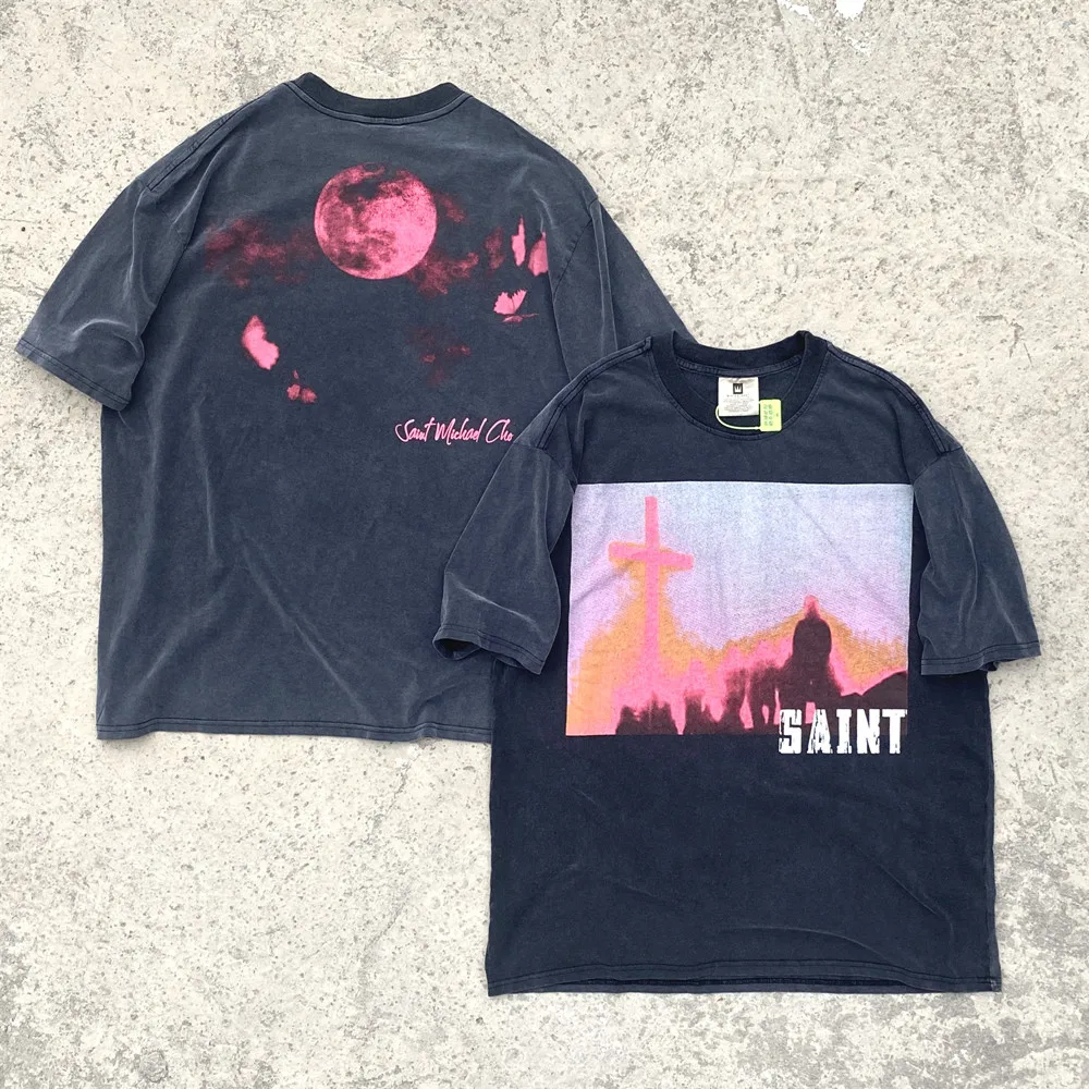 

CoooColl666 Retro Nostalgia Vintage SAINT Planet Pattern Oversized Loose Pure Loose Cotton Black Tees Tops T Shirt For Men Woman