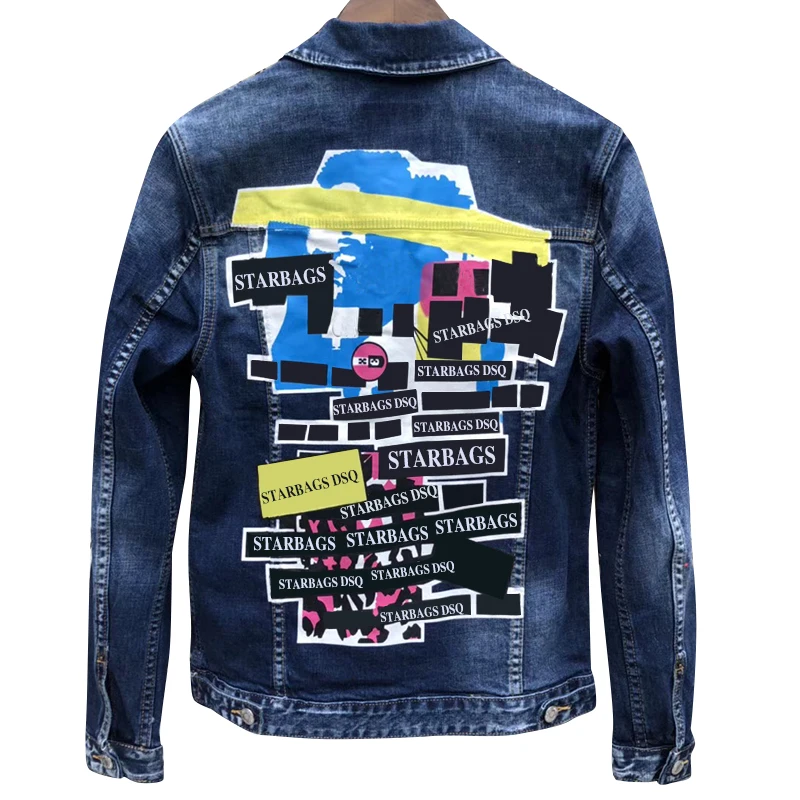 

2022 New Starbags DSQ Denim Jacket Stylish Slim Print Graffiti Jacket Ripped Ripped 2 Men's denim Jacket