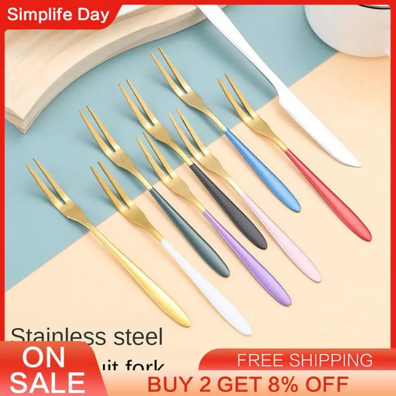 

Фруктовые палочки вилка с двумя зубцами, милая вилка для фруктов, посуда, детская маленькая вилка из нержавеющей стали 304, бытовая вилка для фруктов, золото