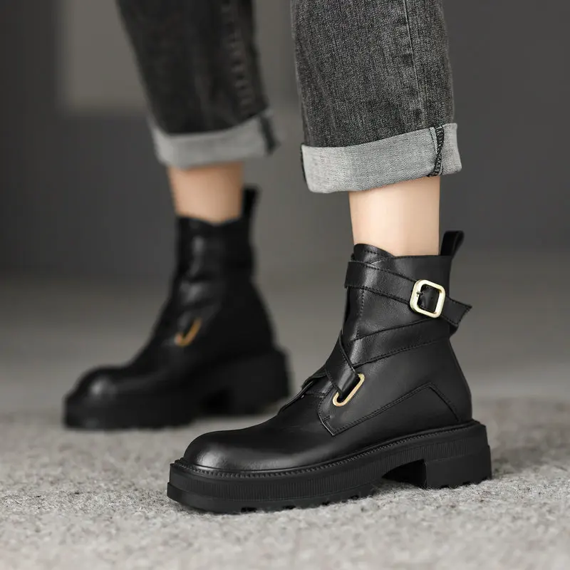 

Motorcycle Boots Autumn Winter Women Ankle Boots 2022 Fashion Leisure Genuine Leather Thick Heels Round Toe Shoes Woman