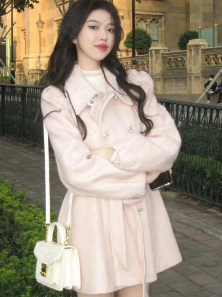 Женский твидовый пиджак в стиле Хепберн розовый с отложным воротником