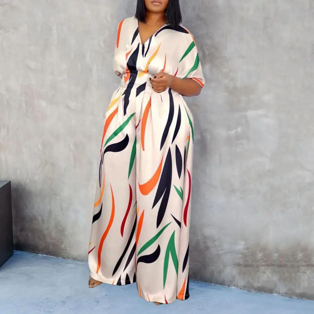 

Women Jumpsuit Dolman Sleeves V Neck Nipped Waist Printing Loose Wide Legs Casual Pants Romper High Streetwear