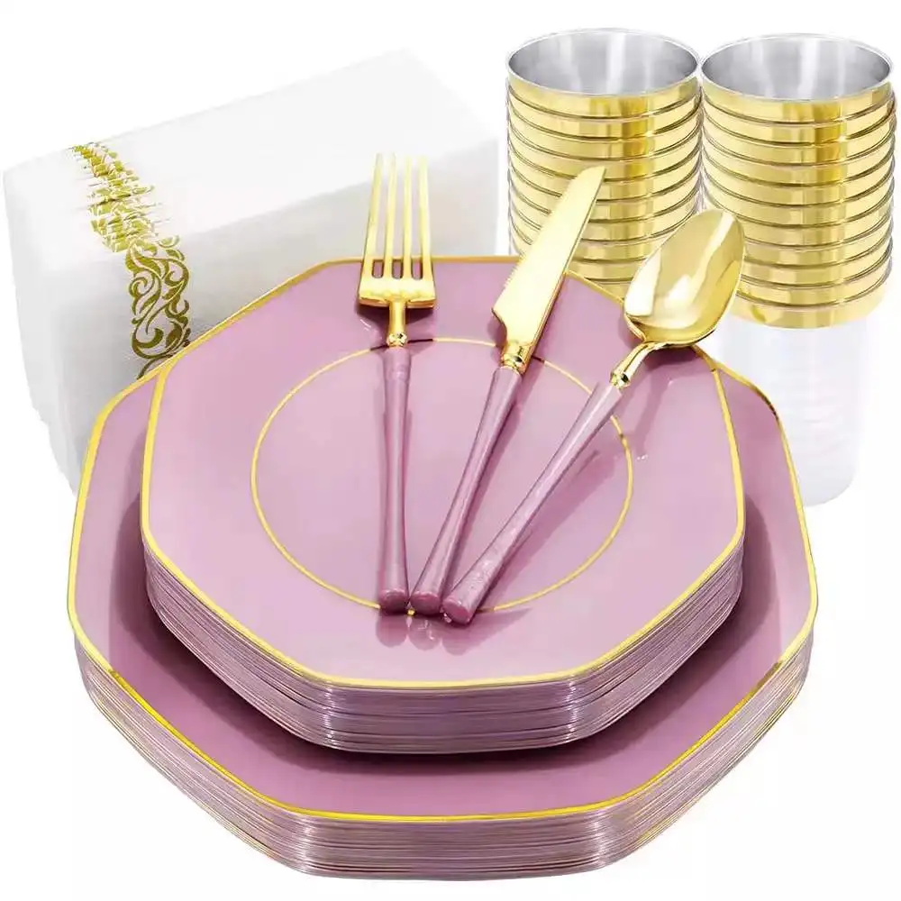 70pcs Disposable Dinner Plate and Disposable Silverware Set Purple Wedding Birthday Party Tableware Supplies