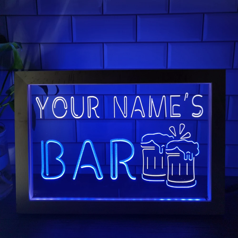 

Name Personalized Custom Home Bar Beer Mugs Cheers Dual Color LED Neon Sign Photo Frame Bedroom Desk 3D Night Light