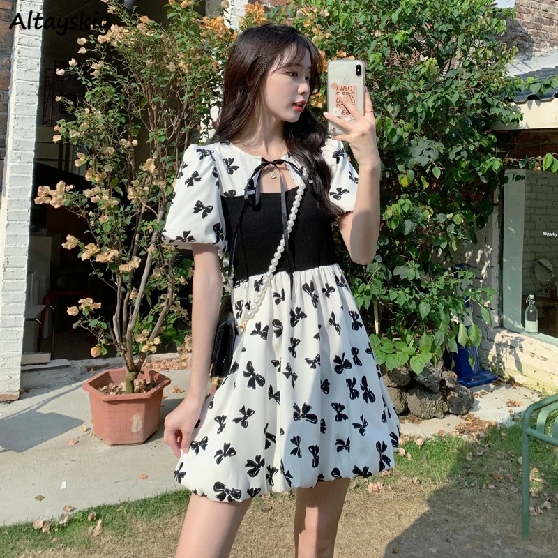 

Dress Women Patchwork Elegant All-match Ins Cozy Summer A-line Платье Женское O-neck Gentle Mini New Design Korean Fashion Basic