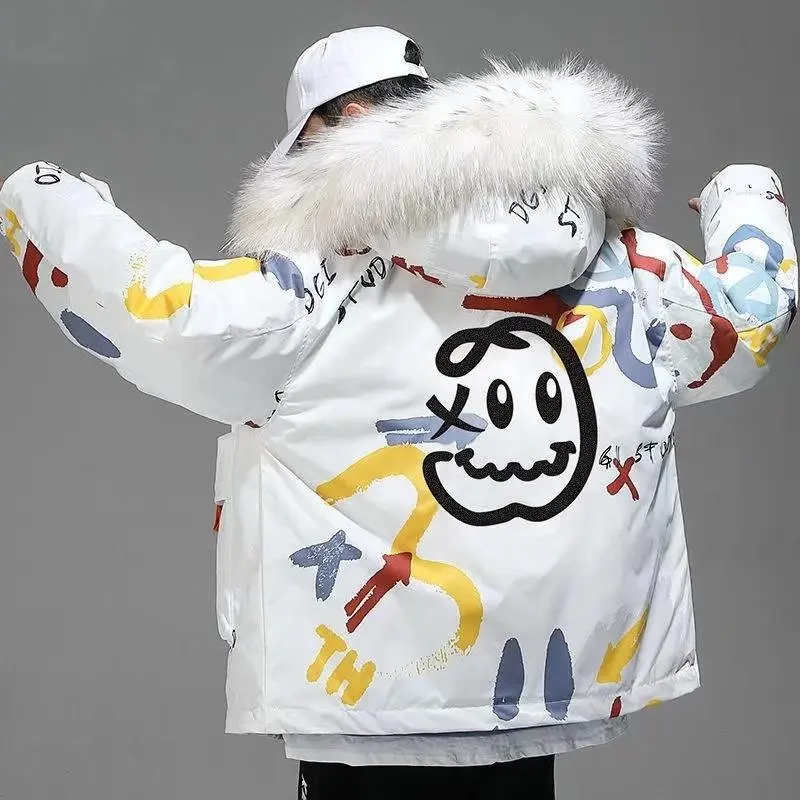 Man Winter Jacket Korean Version of The Neutral Graffiti Padded Hooded Padded Jacket, Short Couple Style Padded Jacket