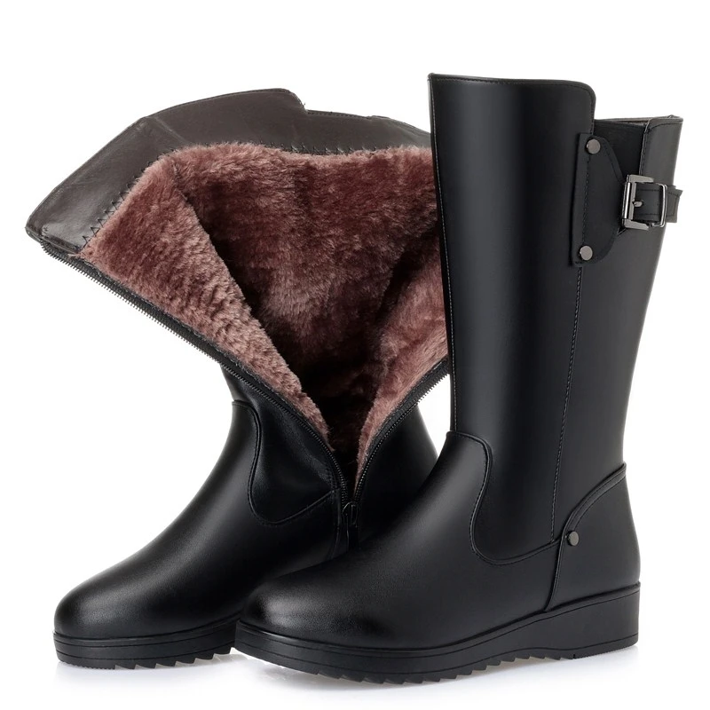 Thickening of High Tube Fur Female Winter Boots Genuine Leather Women's Motorcycle Boot Shoes Big Size Wool Military Woman