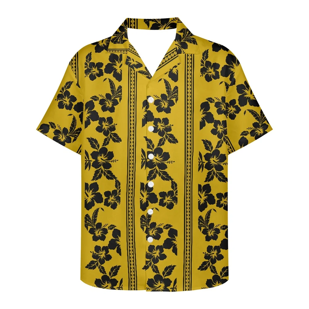 

HYCOOL Hibiscus Print Hawaiian Yellow Shirts For Men Summer Vacation Beach Party Button Up Polynesian Tribal Floral Shirt Blouse
