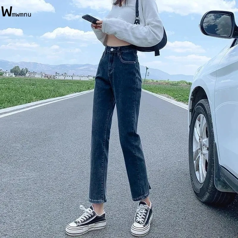 

Classic Wash Blue Jeans Students Ankle Length Pants Fashion Back Split Fork Straight Jeans Korean High Waist Denim Pants Women