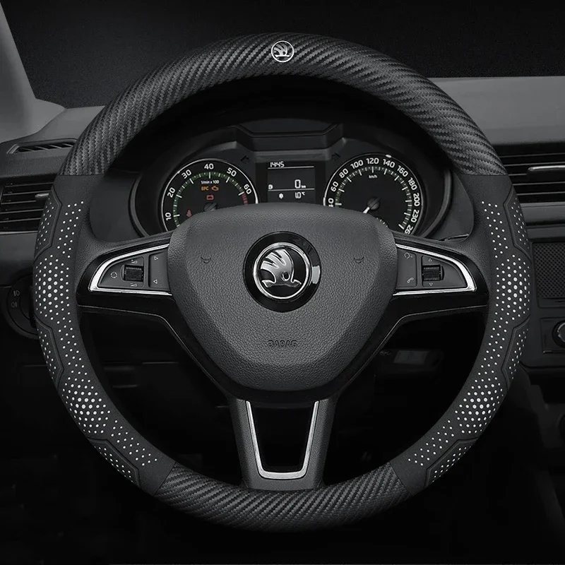 Фото Автомобильный кожаный чехол на руль из углеродного волокна для Skoda VRS Kodiaq Karoq Kamiq Octavia 1 a5 Scala Superb Yeti Fabia ENYAQ Citigo №1