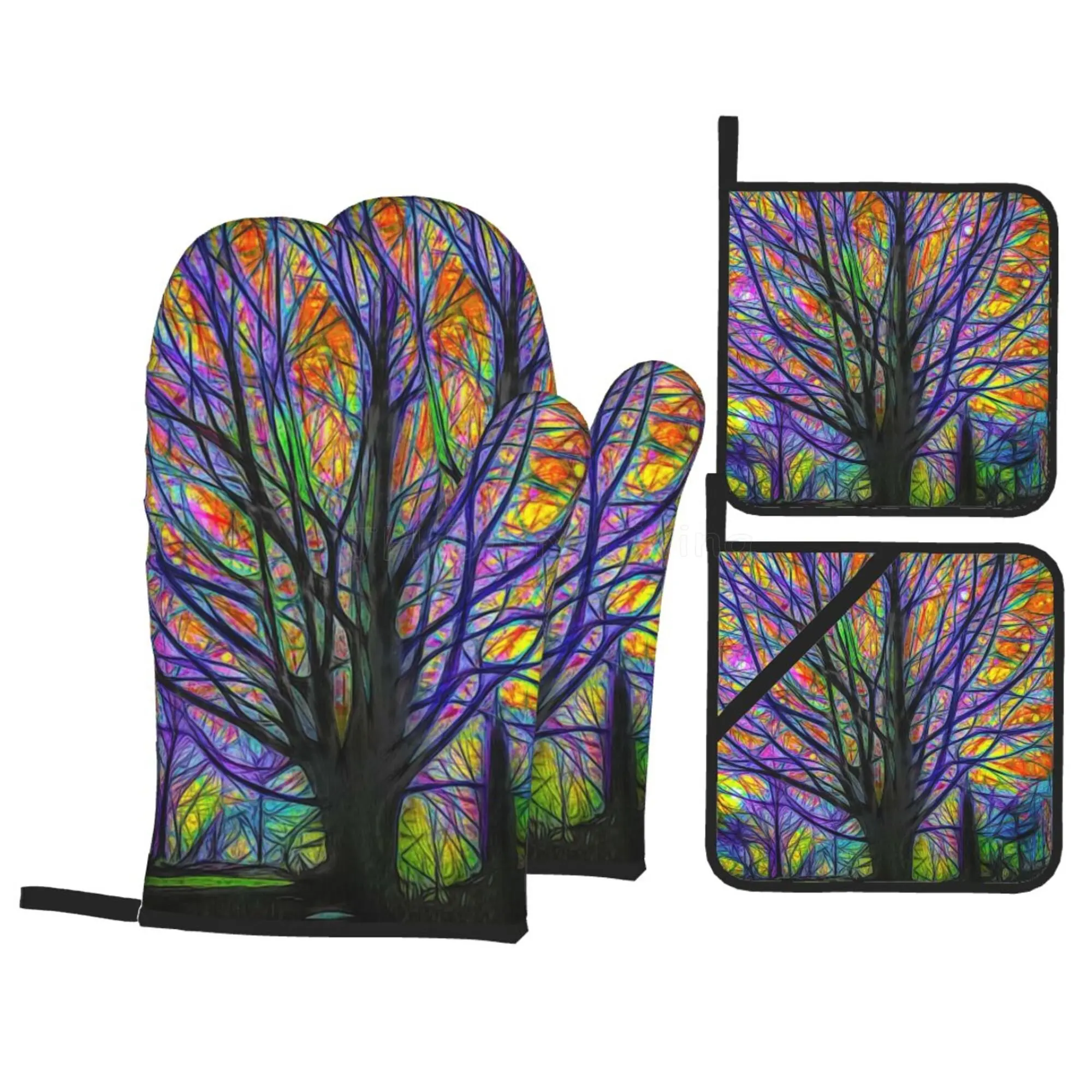 

Colourful Tree Baking Gloves Insulation Mat Microwave Oven Mitt Heat Resistant Cooking Pot Holders Kitchen Accessories