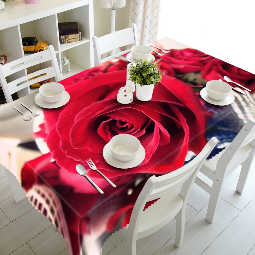 

Красная скатерть с большим рисунком роз, прямоугольная кухонная скатерть из ткани Оксфорд, Обложка для домашнего стола, свадебные декоративные скатерти