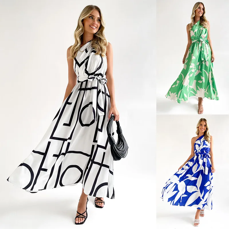 

2023 Women's Summer Sexy Slant Shoulder Sleeveless Printed Lace Up Sexy Casual Dress