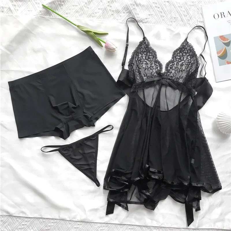 New Ice Silk Couple Underwear Three-piece Lovers Pajamas Nightdress Homewear Nightgown Set Cute Lingerie Sexy Sleepwear Women