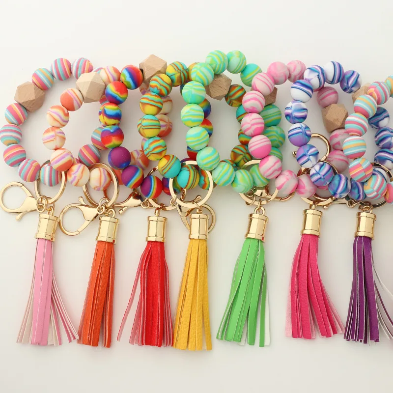 Fashion Silicone Keychain For Keys Rainbow Color  Silicone Beads Tassel Keyrings Women Men Beaded Bracelet Keychain Wholesale